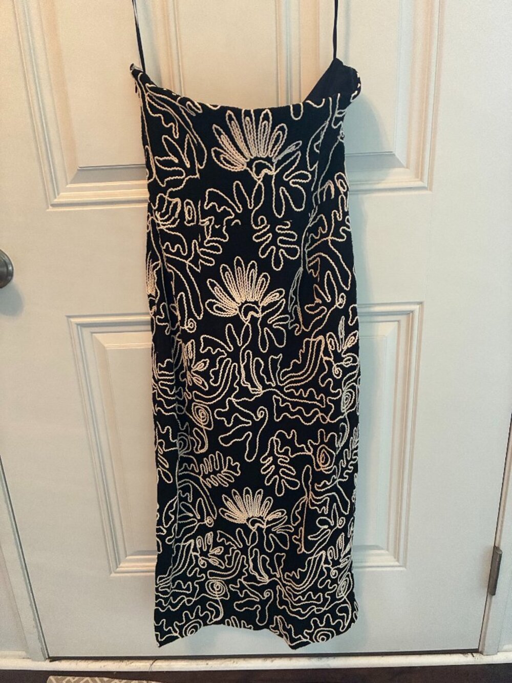 Loft Tropical Strapless‎ Midi Dress 8 Black Cream Soutache Embroidered Dress